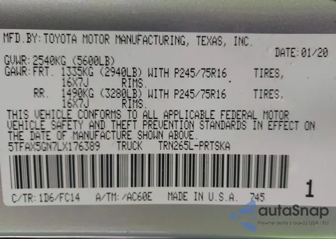 2020 Toyota Tacoma Sr5 z USA, uszkodzony, nr VIN 5TFAX5GN7LX176389
